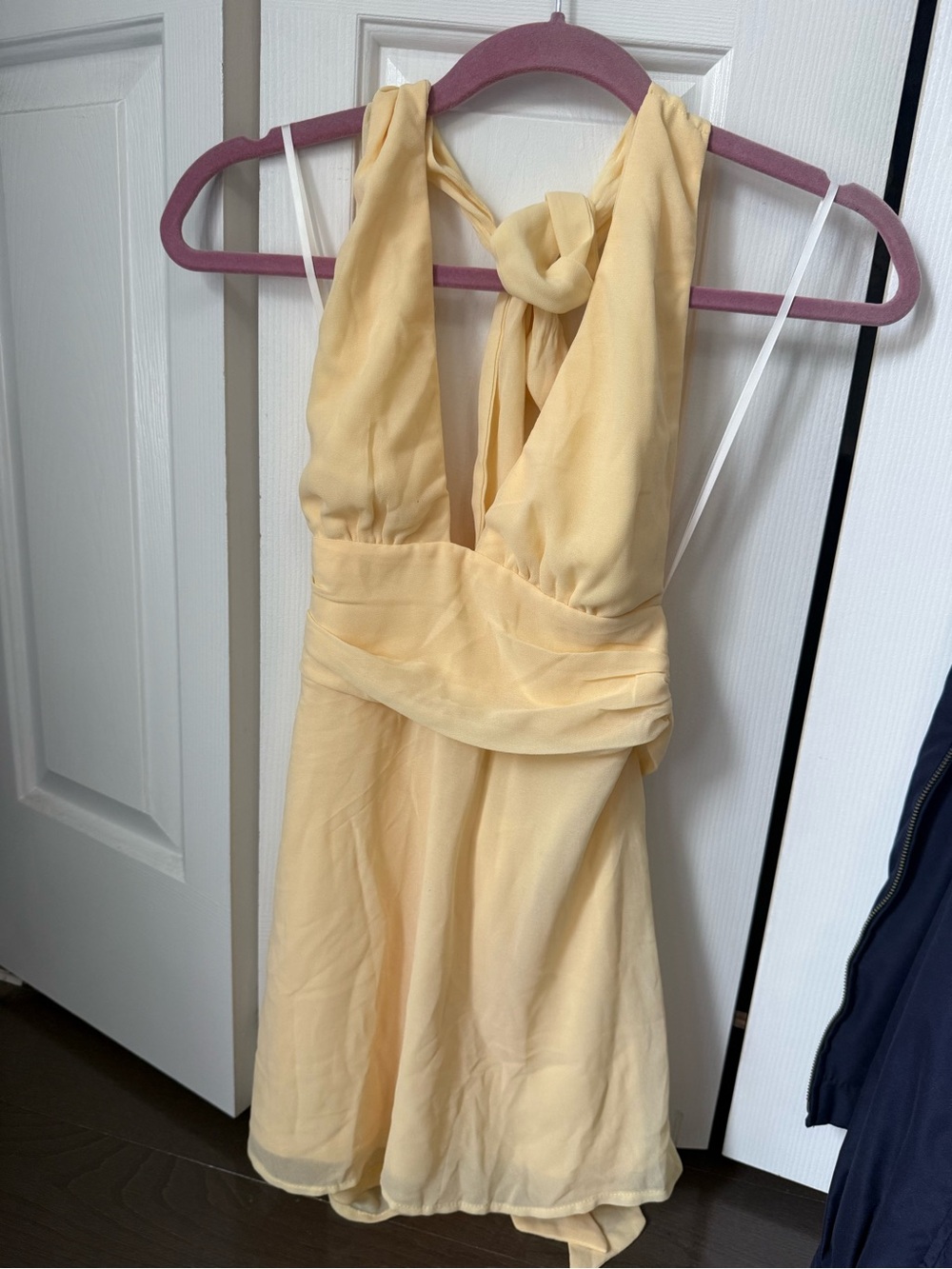 Soft Yellow Halter Mini Dress with Tie Neck
